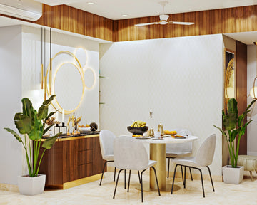 Compact 4-Seater Dining Room with Crockery Unit and Potted Plant